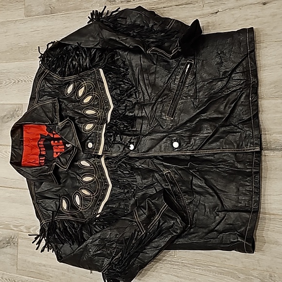 Michael Hoban coat vintage 100% leather black fringed biker style sz Large - Picture 11 of 11